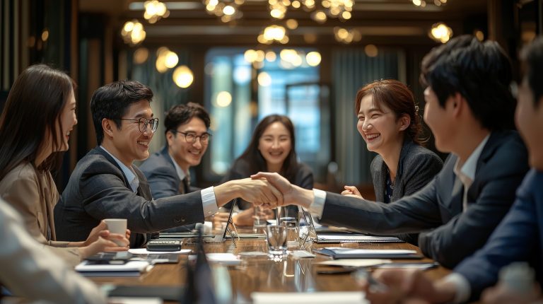 team korean businesspeople shaking hands after successful meeting smiling celebrating polished contemporary boardroom